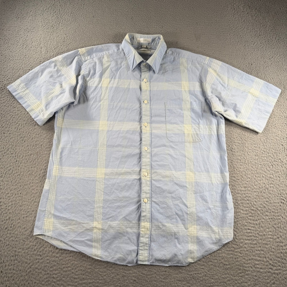 Vintage Christian Dior Shirt Men Large Blue Plaid Short Sleeve Button Up Cotton